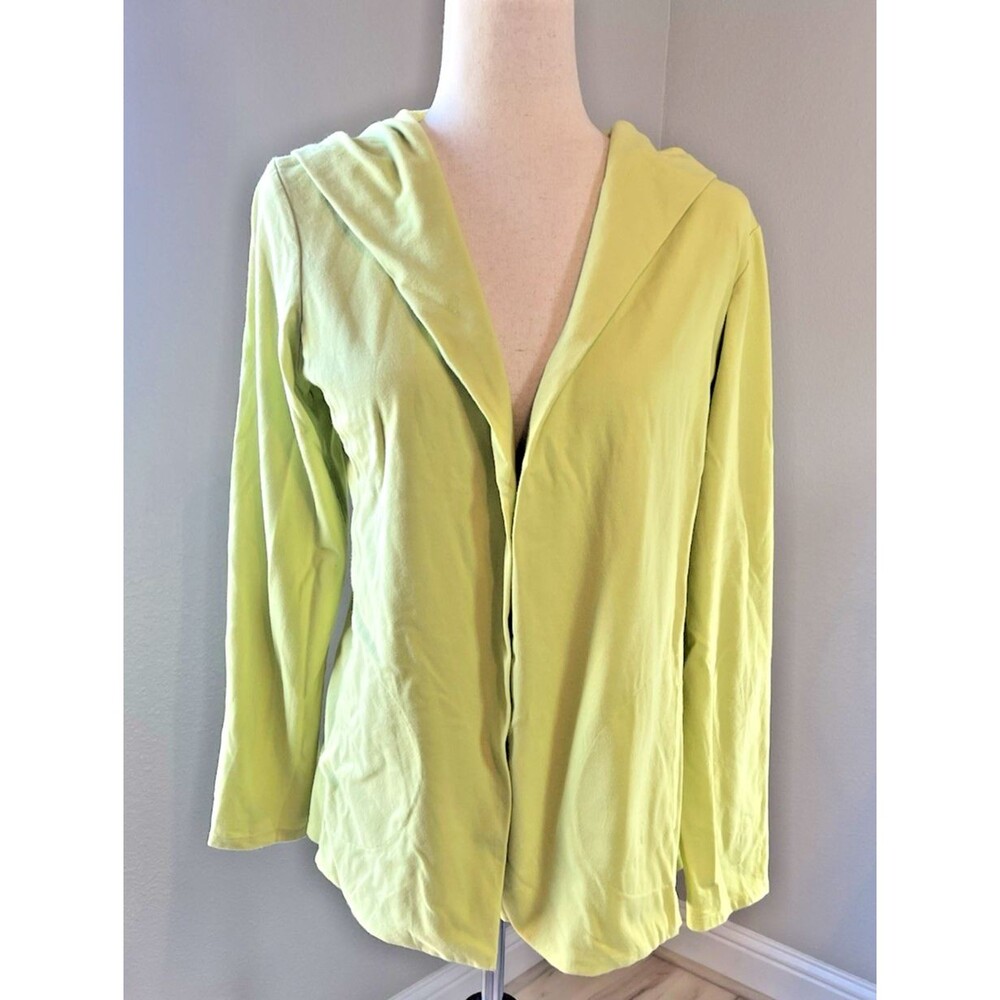 EILEEN FISHER Cardigan M Stretch Cotton Jersey Hoodie Open Front Green USA